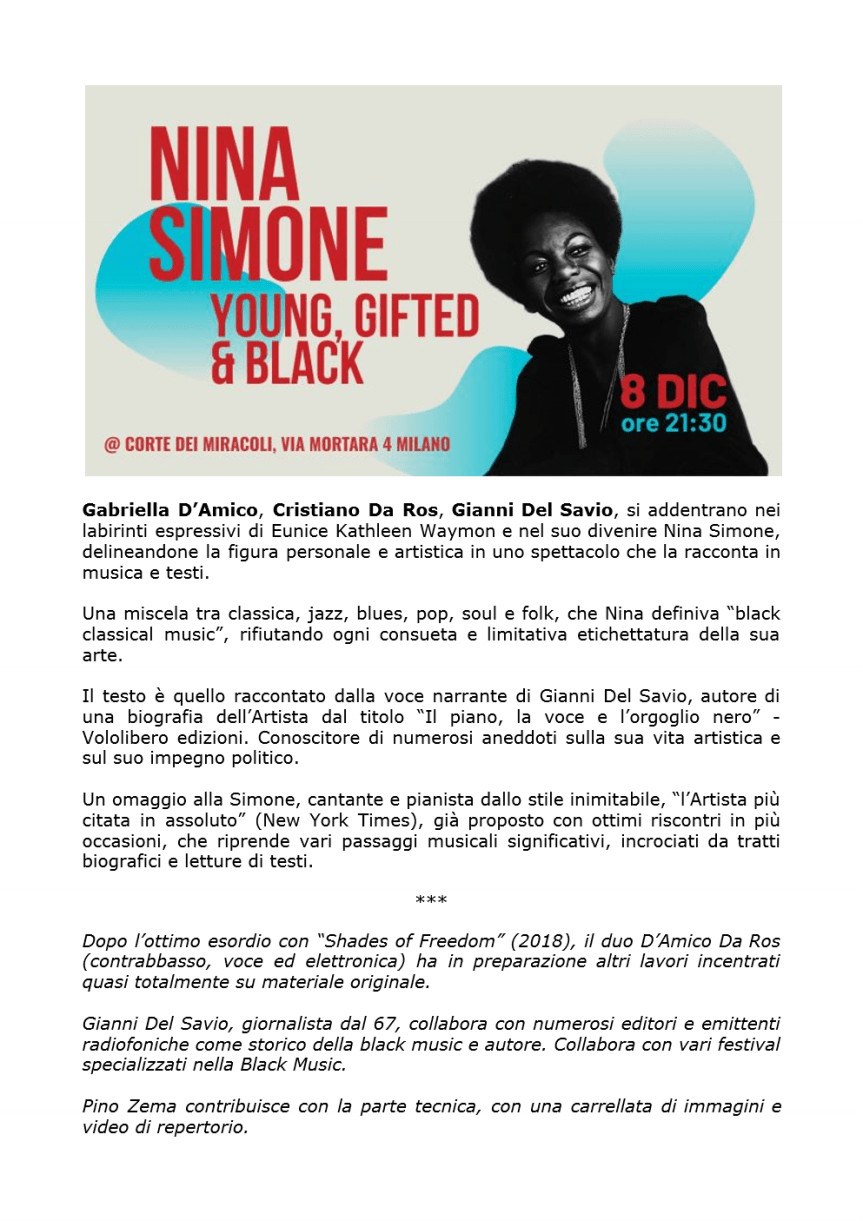 Gabriella D’Amico, Cristiano Da Ros, Gianni del Savio raccontano NINA SIMONE, alla Corte dei Miracoli, Via Mortara 4, MILANO, 8 dicembre&nbsp;2019