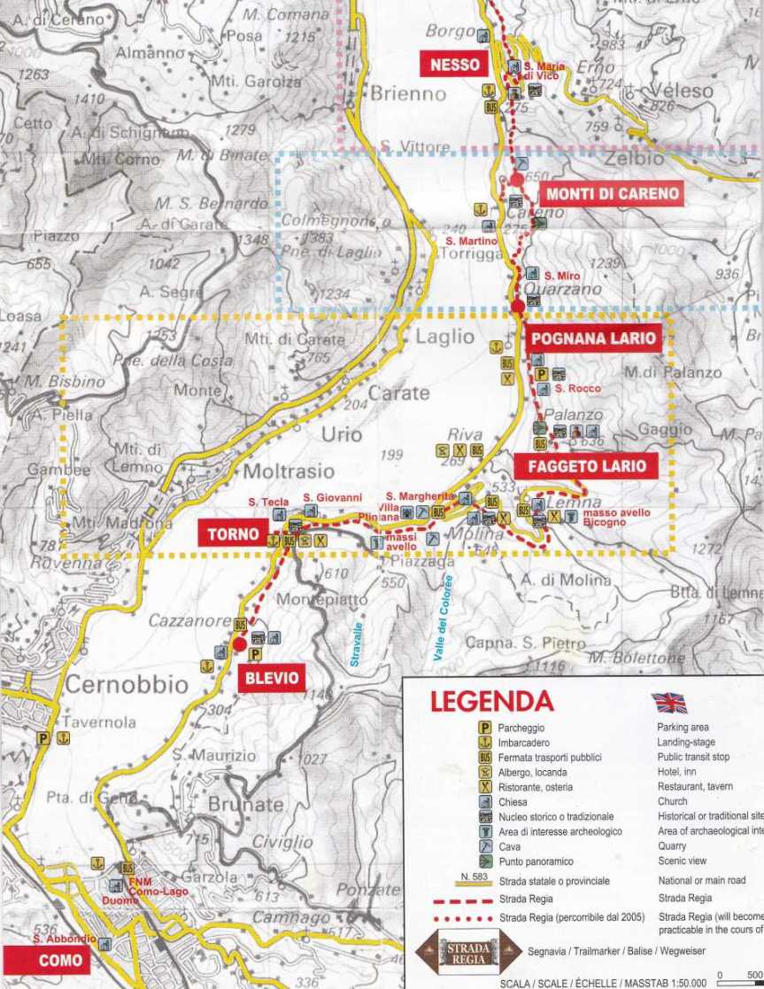 la STRADA REGIA: il tratto  da BRUNATE a  NESSO (passando per Blevio, Torno, Pognana). Il post va letto dal basso verso l’alto, come se fosse una cartina&nbsp;topografica
