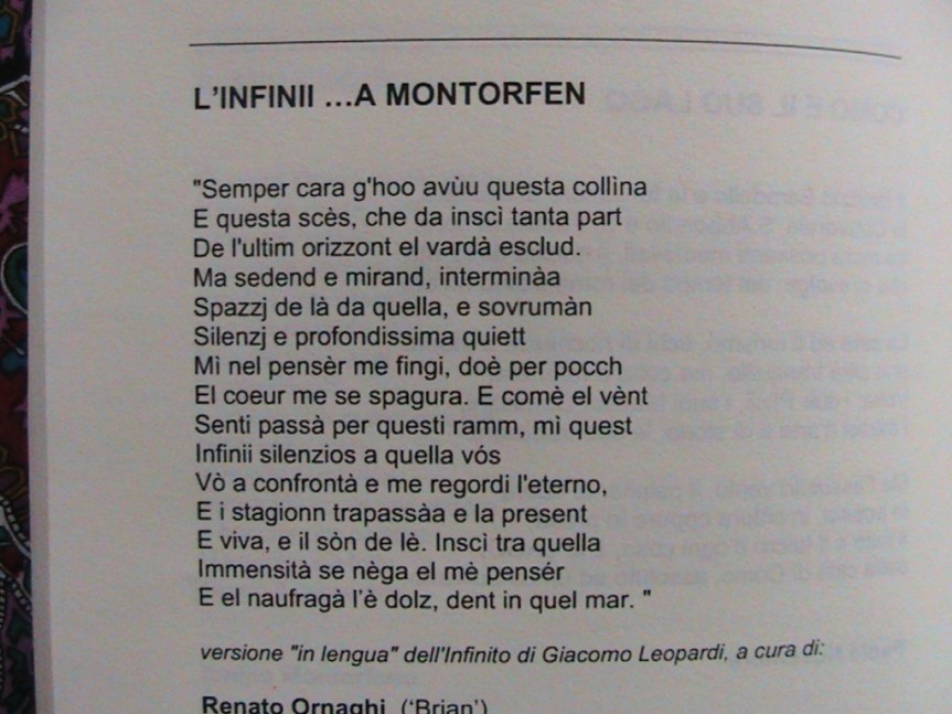 L’INFINII A MONTORFEN, L’infinito di Giacomo Leopardi reso in dialetto lombardo da Renato&nbsp;Ornaghi